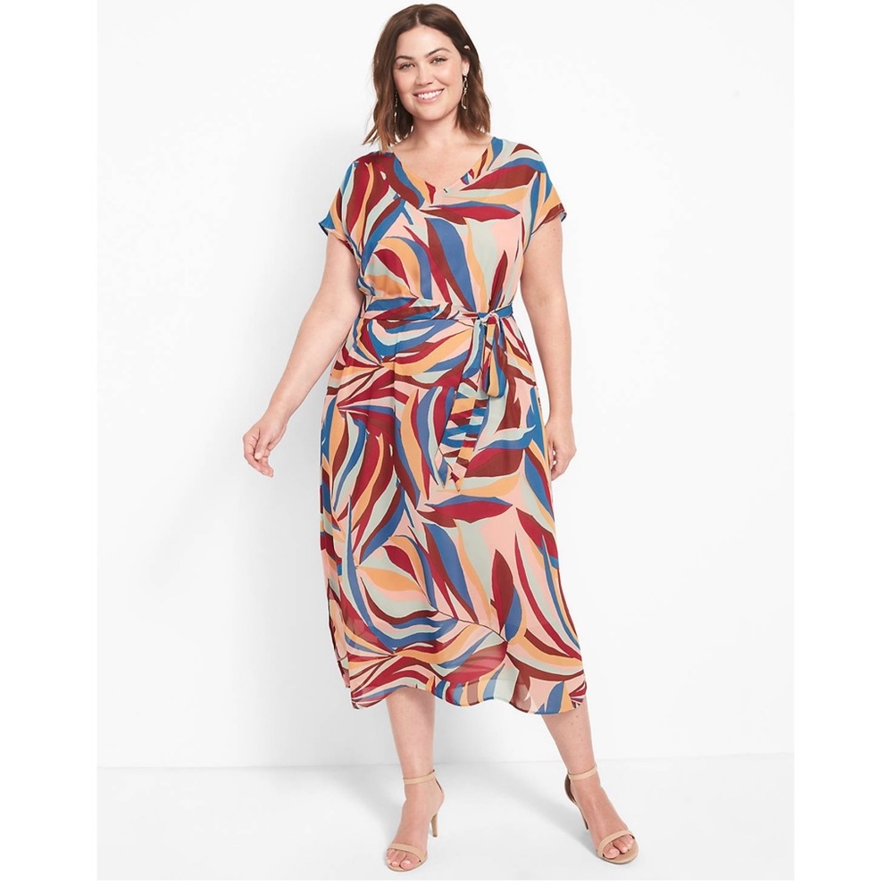 LANE BRYANT Multicolor Plus Size Cap-Sleeve Waist Tie Chiffon Midi Dress NEW